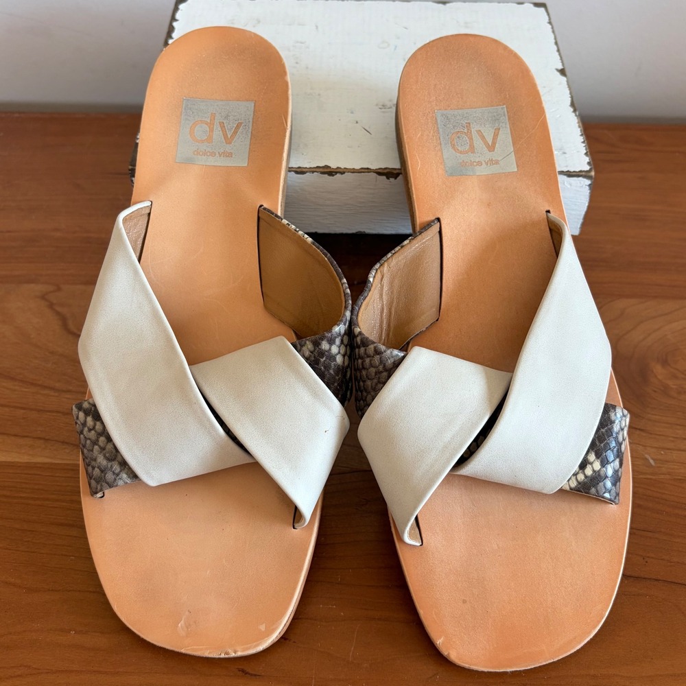 DV Dolce Vita Lima Ivory Snakeskin Print Flat Slide Sandals Womens 8
